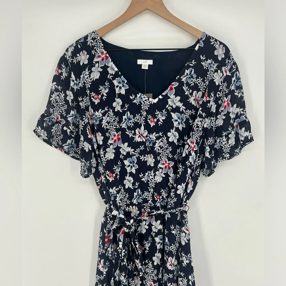 "NWT" J.Jill Navy Floral Maxi Dress Lined With Tie Waist- Size 2X - Picture 7 of 13